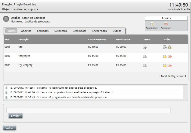 Ao clicar no ícone Suspender Item, na coluna de ações do item, somente o item em questão estará suspenso para lances.