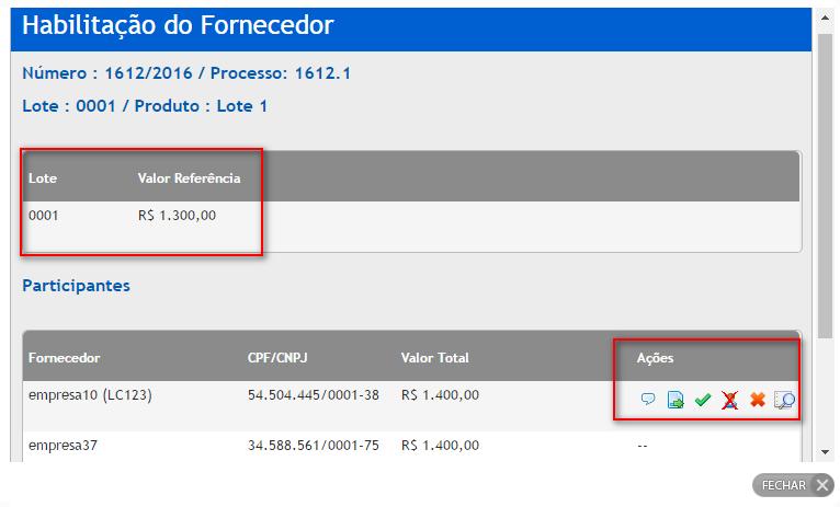 Após clicar no ícone de habilitação de vencedores aparecerão as empresas participantes do item/lote, em ordem de classificação; Na primeira empresa classificada, Verifiquem na coluna ação as