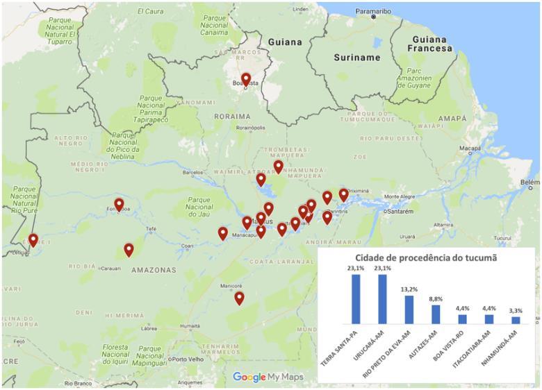 Figura 3 locais de origem das plantações de tucumã que abastecem Manaus (Roraima, Amazonas e Pará). 3.4.
