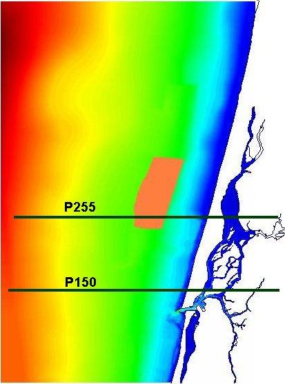 Figura 5.18 - Localização dos perfis onde foi simulado o transporte Foram simuladas situações muito prováveis (onda de 2,5 m/12 s), de temporal (7,0 m/16 s) e extremas (15 m/18 s).