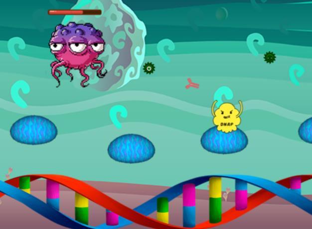 O jogador deve fazer com que a RNA-polimerase pule e bata nos blocos do RNAm, trocando as bases nitrogenadas até obter a sequência complementar correta.