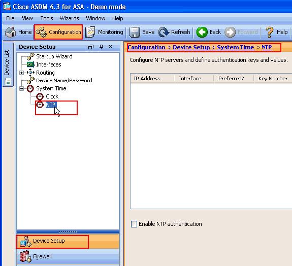 Configuração ASDM NTP Termine estas etapas a fim configurar o NTP no dispositivo do Cisco Security: 1.