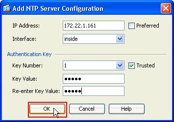 Nota: O nome da relação deve ser escolhido como para dentro para ASA1 e parte externa para ASA2.Nota: A chave da autenticação de NTP deve ser a mesma no ASA e no servidor de NTP.