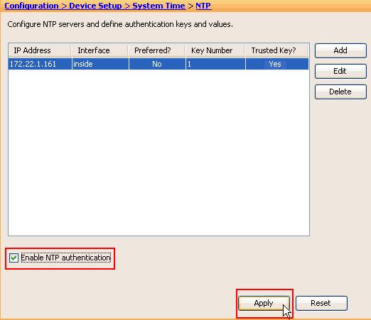 4. Clique a caixa de seleção permitem a autenticação de NTP e o clique aplica-se, que termina a tarefa da configuração de NTP. Configuração de CLI ASA1 ASA1 ASA#show run : Saved ASA Version 8.3(1)!