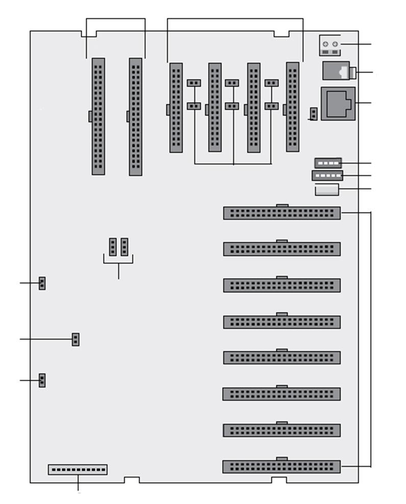 Descrição dos slots, conectores e jumpers da Impacta 40 D B I J G K E L M O N H F A P C A. Slot1/CN22 a Slot8/CN15: conexão das placas de ramais. B. Slot9/CN11, Slot10/CN10, Slot11/CN8 e Slot12/CN7: conexão das placas de troncos analógicos.