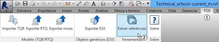 (1) Selecione a aba "TQS"; (2) Clique sobre "Extrair referências".