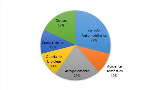 capotamentos por 11%, quedas de bicicleta por 11%, acidentes domésticos por 10% e etiologias não citadas na ficha de coleta de dados por 18% (Gráfico 4).