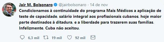 O movimento de apoio a Bolsonaro se expressa como crítica a Cuba e às condições de trabalho dos profissionais, correspondendo a 45,69% da rede.