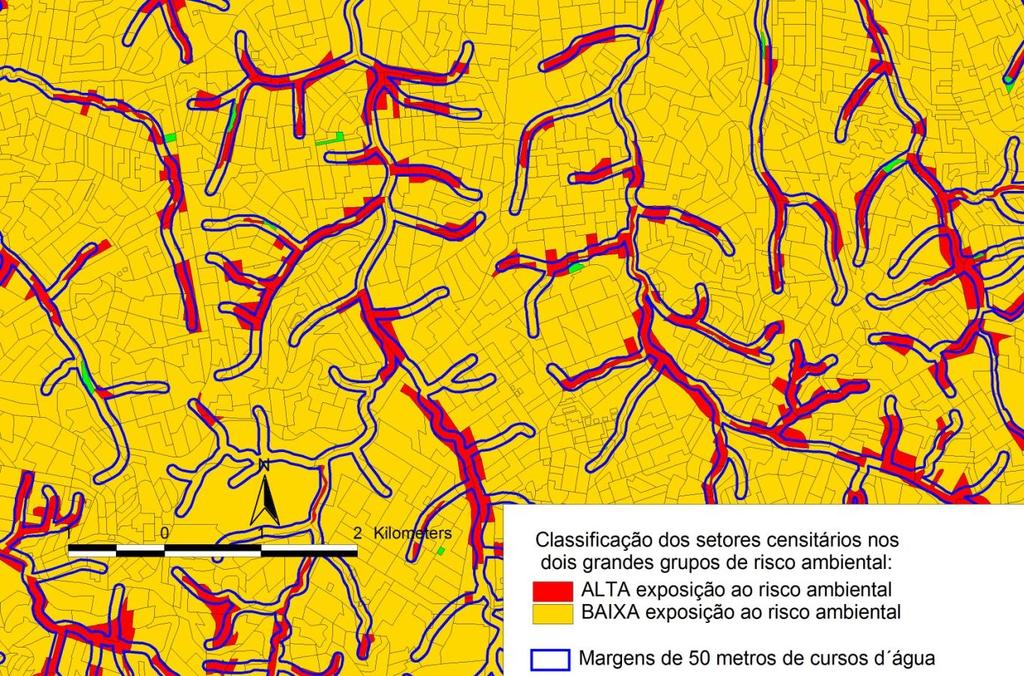 50% do seu território composto de áreas de risco ambiental; e 2) baixa exposição ao risco ambiental, para setores com menos de 50% do seu território composto de áreas de risco ambiental (Mapa 2)