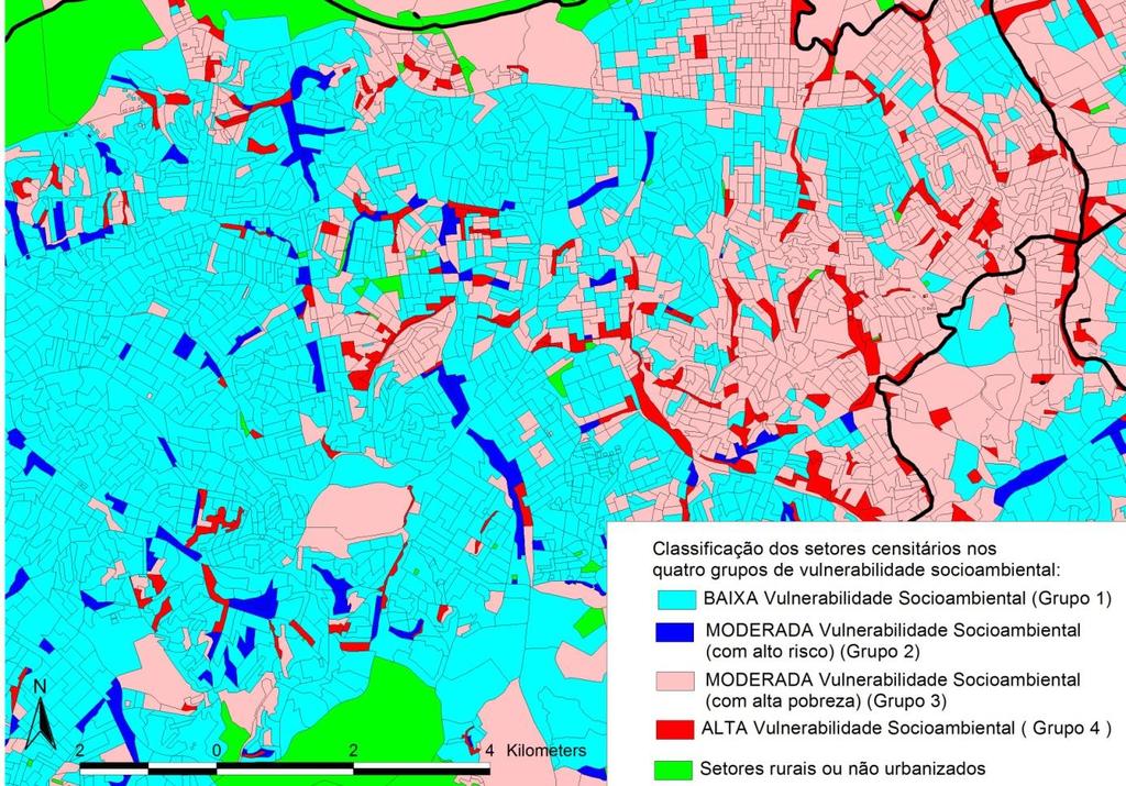 MAPA 3 Classificação dos setores censitários dos 21 municípios da mancha urbana da RMSP nos quatro grupos de vulnerabilidade socioambiental Detalhe da Zona Leste de São Paulo, 2010 11 Fontes: DAEE,