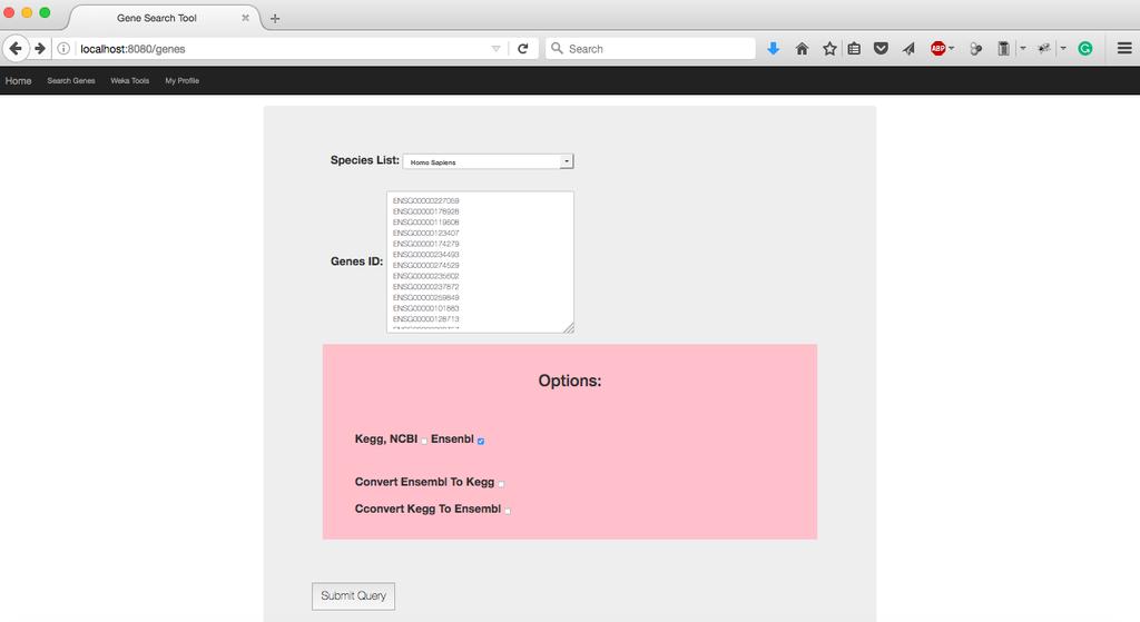 Resultados Figura 19: Página de pesquisa de genes do Portal Web 4.1.3 Exportar dados para formato arff Após a conclusão da pesquisa, o Portal Web mostra ao utilizador uma lista com os id s dos genes e uma breve descrição.