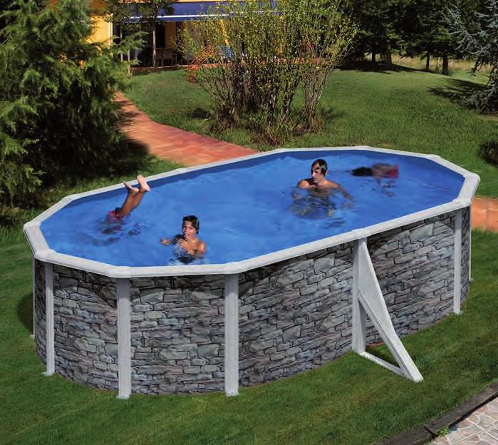 PISCINAS PISCINAS ACABAMENTO PEDRA Paredes de acero lacado, liner PVC, depuradora de arena y escalera de seguridad, de 2x3 peldaños en el modelo CERDEÑA y de plataforma + 2x3 peldaños en el modelo