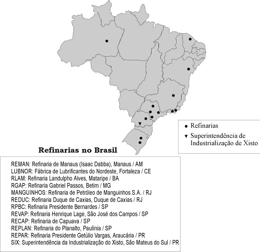 Figura 2.8 Refinarias de petróleo no Brasil (Jorge Soares, 2003 - Notas de Aula). Tabela 2.6 Distribuição das refinarias produtoras de Cimento Asfáltico de Petróleo.