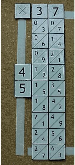 Ex.: Para multiplicar 45 por 37 procede-se do seguinte modo: - seleccionam-se as tiras desejadas; - colocam-se como se vê na figura seguinte (fig.