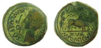 MOEDAS IBERO ROMANAS 9 46 GADES ( CADIZ ) Semis ( Cadis ), 100-20 D.C., 19 mm, 4,97 gr., Bronze. A/. - Cabeça de Hércules à esquerda e clava à frente R/.