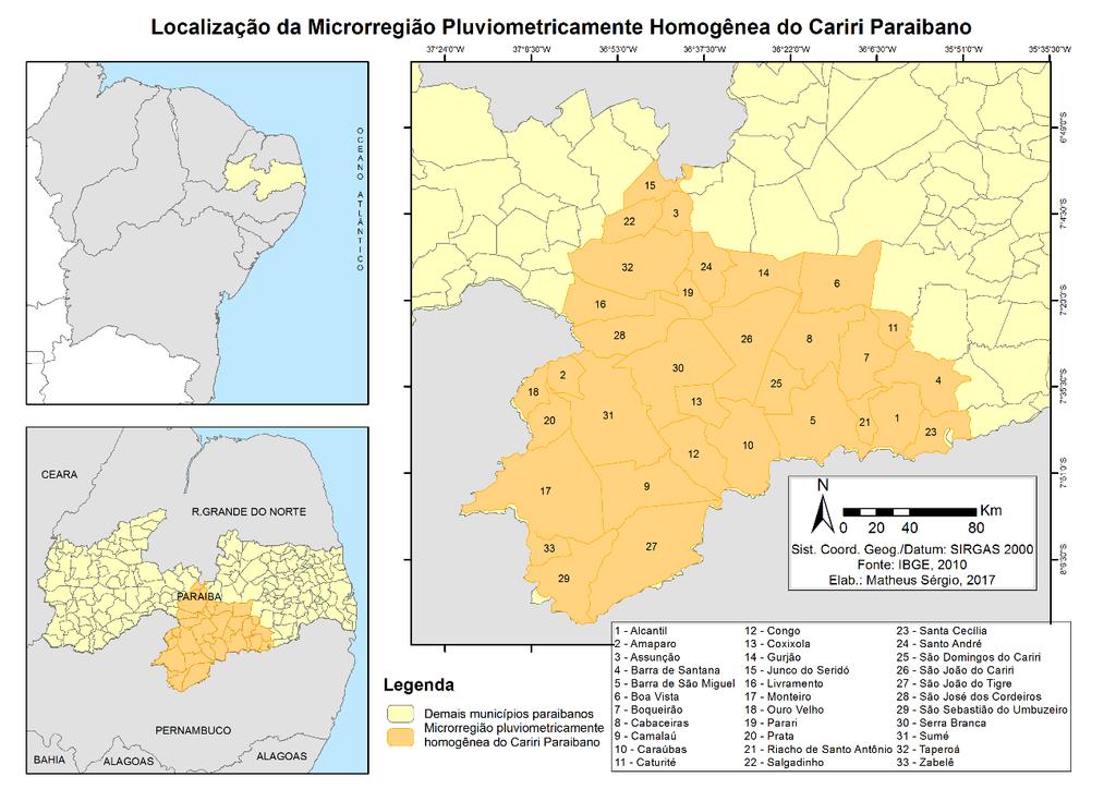 Figura 2 Mapa de localização da região do Cariri Paraibano. Fonte: Autor, 2017.