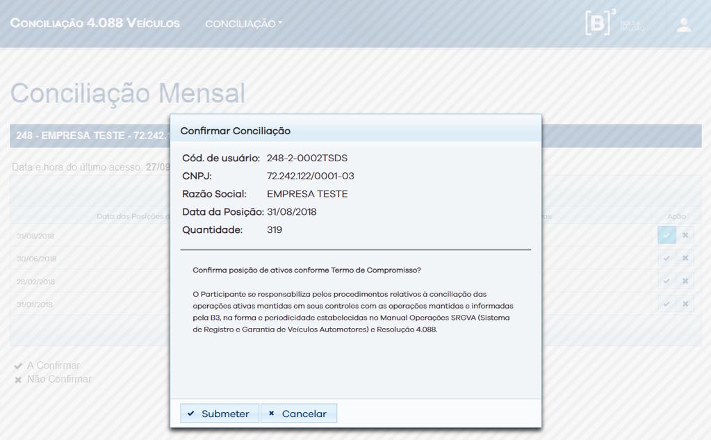 Para finalizar a confirmação, o Participante deverá clicar em Submeter. 6.3.1.