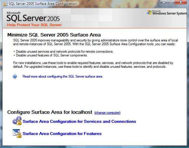 Figura 1. Janela inicial do SQL Server Surface Area Configuration.