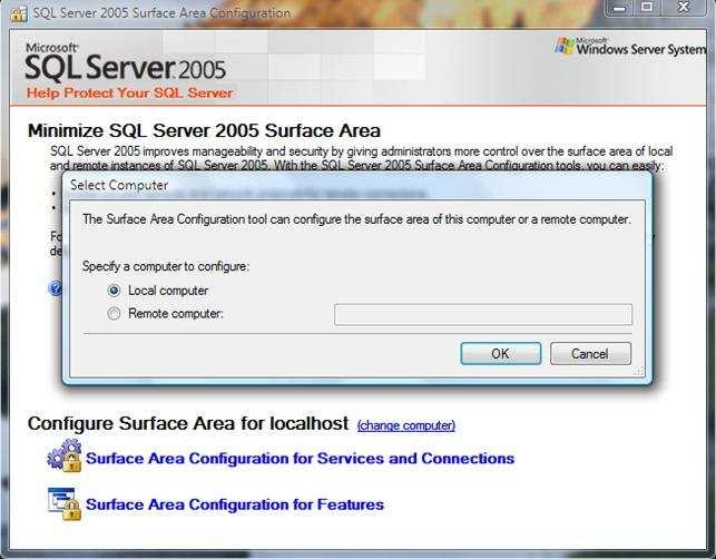 Figura 2. Caixa de alteração do servidor ao qual o Surface Area vai configurar. Observe que este recurso faz com que a administração de várias instâncias do SQL Server seja simplificada.
