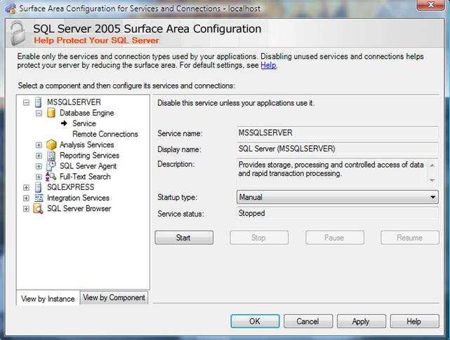 Figura 3. Configurando Serviços e Conexões do SQL Server. No lado esquerdo da janela, o Surface Area apresenta a listagem das instâncias instaladas no servidor, com seus respectivos serviços.