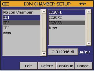 Selecione uma Câmara de Íons Para configurar uma câmara de íons e seu fator de calibração para o DoseMate: 1. Pressione ou para realçar o botão IC na tela MEDIÇÃO. 2.