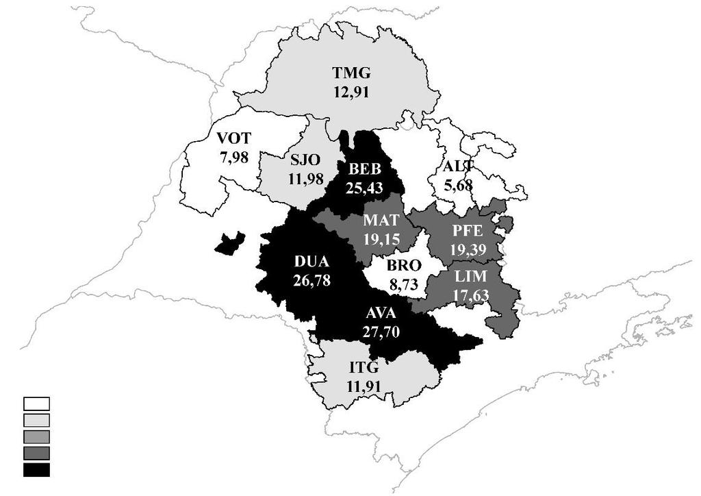 ÁRVORES TOTAIS DE LARANJA POR REGIÃO : 95,7 milhões de árvores Minas Gerais (milhões) 5,00 9,99 0,00 3,99 4,00 6,99 7,00 4,99 5,00 São Paulo VARIAÇÃO DAS ÁRVORES TOTAIS DE LARANJA ENTRE OS