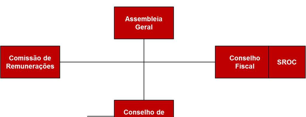 O quadro seguinte representa a estrutura de governo societário da Companhia durante o exercício de 2018: As principais competências dos órgãos que compõem a estrutura de governo societário são as