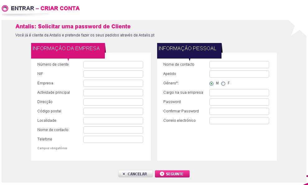 Se já é cliente Antalis seleccione a opção: «Pedir uma password de cliente» 2 2.