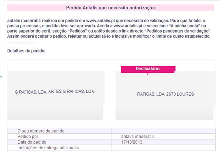 Antalis.pt Em tal caso o autorizador recebe uma notificação por e-mail informando que existe um pedido pendente de valdiar. O autorizador pode: Modificar quantidades, adicionar ou eliminar produtos.