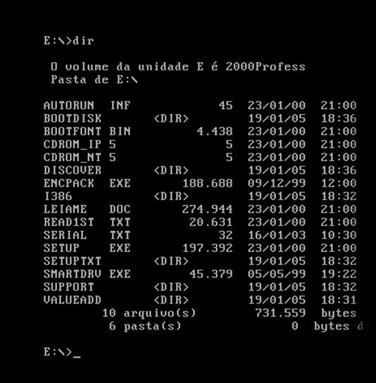 Ex.: E: dir 101 Após dar o comando dir deverá aparecer os arquivos contidos dentro do