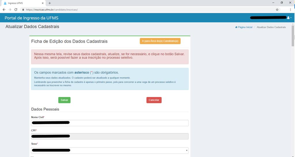 Tutorial Vagas Remanescentes 2019 > Inscrição no Processo