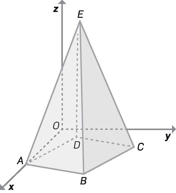 o vértice A pertence ao eixo OO ; uma equação do plano AAA é 6x + 18y 5z = 4 ; o ponto E pertence à reta r, de equação vetorial (x, y, z) = (5, 4, ) + k( 1,, ), k R.