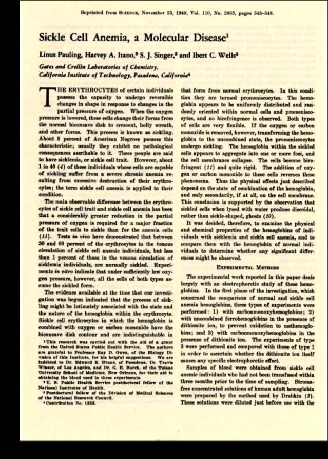 Doença Molecular 1949 Linus Pauling mostrou que a anemia falciforme é uma doença molecular, resultante de uma mutação na molécula protéica Hemoglobina Doença Molecular 1949 Linus Pauling mostrou que