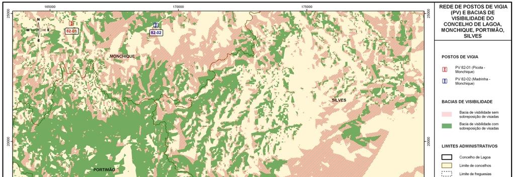 2. Mecanismos da estrutura de protecção civil Através do cruzamento das bacias de visibilidade directa dos postos existentes nos concelhos vizinhos constata-se que existe uma cobertura eficaz em