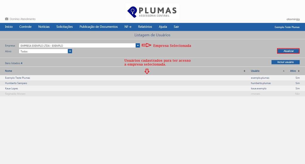 P á g i n a 4 Controle Na Aba de Controle / Usuários: Conseguirá consultar os usuários ativos no domínio atendimento, selecionando sua empresa ou incluir um usuário clicando em