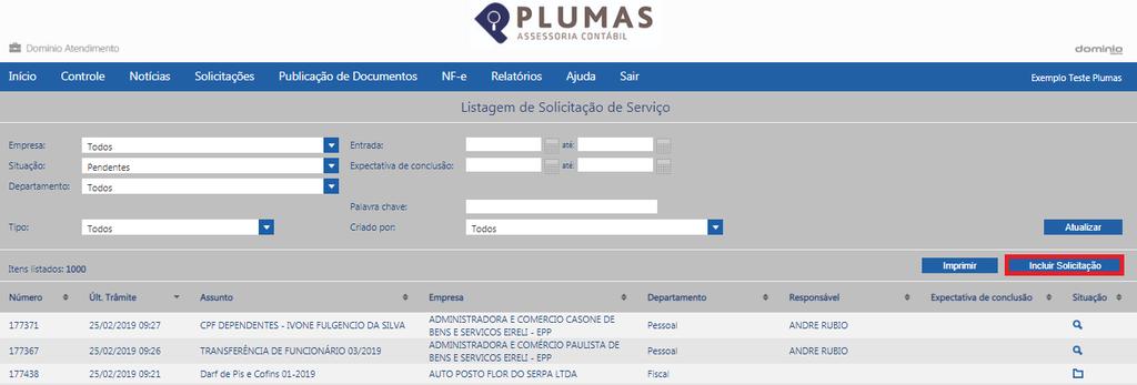 Clicando em Incluir Solicitação, será direcionada a página de