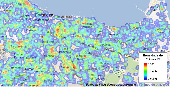 Figura 2: Mapa de Kernel, mostrando a densidade de crimes nas regiões de Fortaleza 2.
