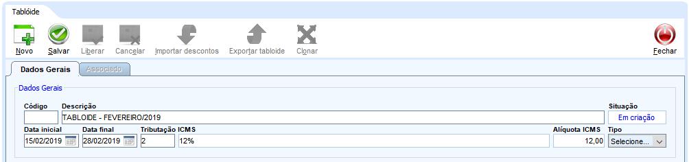 Figura 01: Acessando o tabloide Criando tabloides Para gerar uma lista promocional acesse o programa Tabloide, e informe um título para a mesma no campo descrição, o período de vigência através dos