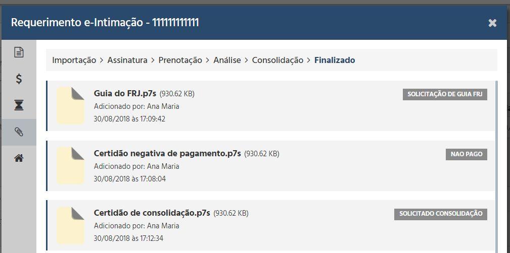 Anexos do requerimento Dentro de cada requerimento existe também uma biblioteca de arquivos anexados, armazenando a informação do usuário que realizou o upload, a data e horário, assim como em qual