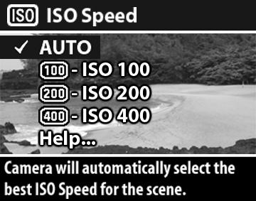 1 No menu Capture (Capturar), selecione ISO Speed (Velocidade ISO). 2 No menu ISO Speed, use para selecionar a configuração. 3 Pressione OK para salvar e voltar para Live View (Exibição ao vivo).