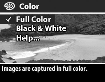 Cor Determina se as fotos serão tiradas em cores ou em preto e branco. 1 No menu Capture (Capturar), selecione Color (Cor). 2 No menu Color, use os botões para selecionar uma configuração.