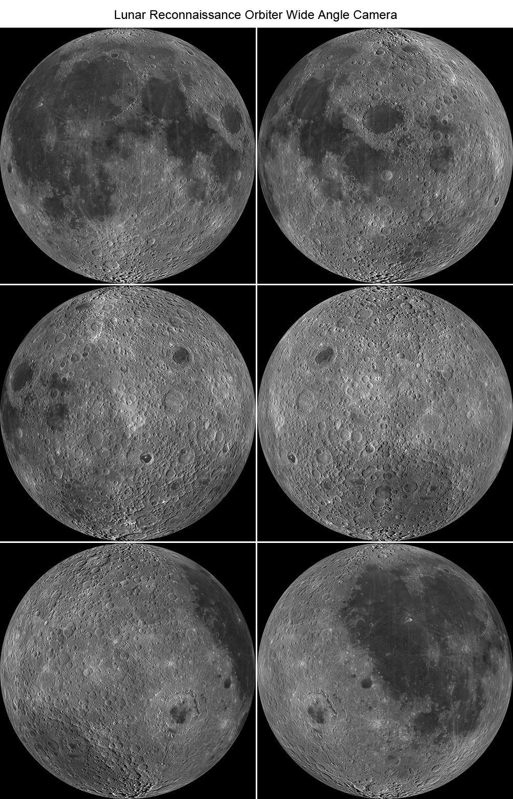 Seis vistas ortográficas da Lua criadas a partir do novo mosaico global WAC.