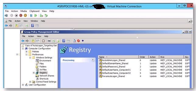 Abaixo estão as chaves responsáveis pela configuração de autologon na GPO de teste: Note que na imagem abaixo existem duas maquinas, (Nomeei a chave DefaultUserName, para DefaultUserName _Computer01