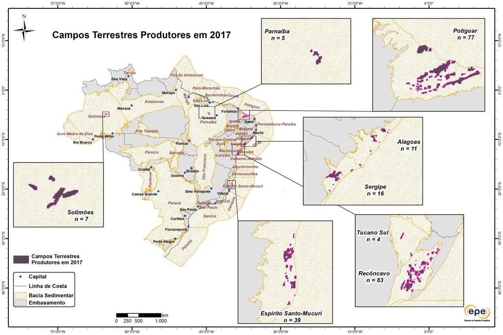 EM 2017, 242 CAMPOS TERRESTRES EM PRODUÇÃO LOCALIZADOS EM 8 BACIAS SEDIMENTARES Número de campos produtores por bacia