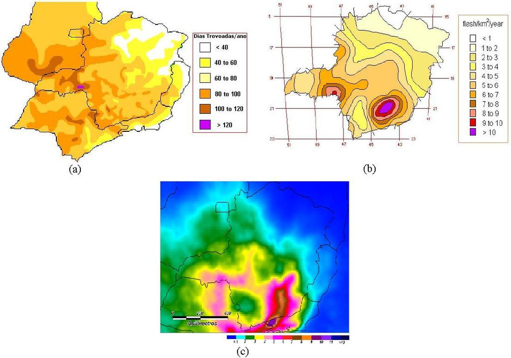 21 A Figura 2.5 mostra mapas de densidade de descargas atmosféricas para o estado de Minas Gerais, utilizando os três métodos de medição deste parâmetro. Fig. 2.5 Mapa de densidade de descargas atmosféricas nuvem-solo para o estado de Minas Gerais.
