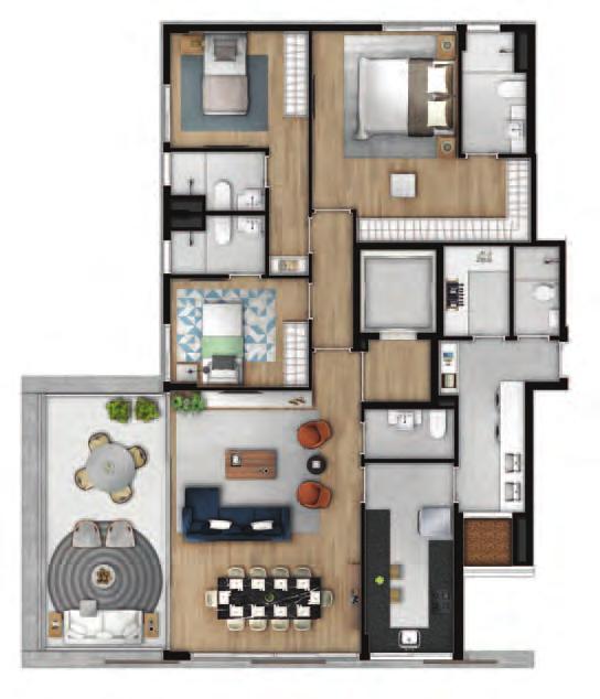 Planta-parão - final 3 161 m 2 3 suítes Hall social privativo Apartamento com pé-direito diferenciado com mais de 3 m do piso ao teto e infraestrutura para ar-condicionado em todos os ambientes