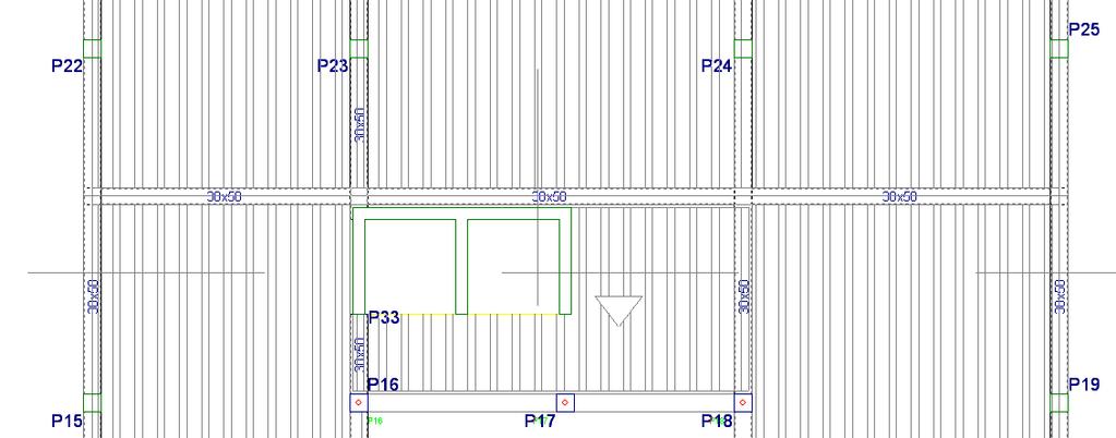 102 Fig. 3.191 As vigas de fecho da caixa de elevador introduzem-se como rasas de largura de 20 cm e as vigas entre os pilares P16 e P18, com uma secção 0.