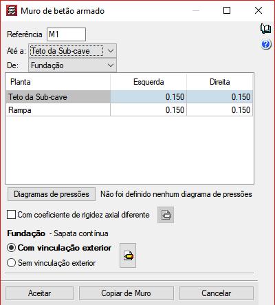 Prima no ícone Muro de betão armado do menu flutuante e de seguida preencha os dados de acordo com a figura seguinte. Fig. 3.87 Prima em Diagramas de pressões.