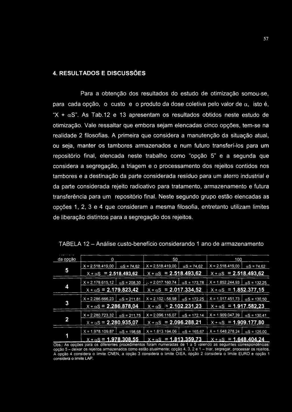 57 4. RESULTADOS E DISCUSSÕES Para a obtenção dos resultados do estudo de otimização somou-se, para cada opção, o custo e o produto da dose coletiva pelo valor de a, isto é, "X + as". As Tab.