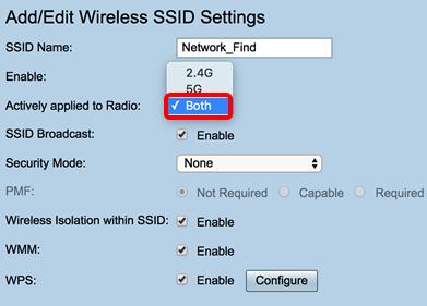 As opções são: Ambos O SSID aplicar-se-á e transmitir-se-á de ambos os 2.4 gigahertz gigahertz e 5. 2.4G O SSID aplicar-se-á e transmitir-se-á somente da faixa 2.